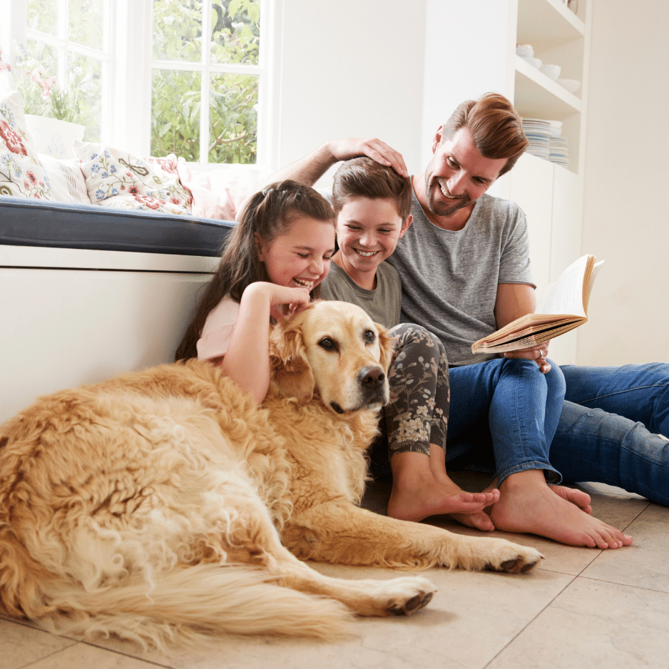 A family of three, including a man and two children, sits on the floor near a large window overlooking the Sunshine Coast. The man is reading a book, while the children and their large golden retriever relax together, smiling and looking content.