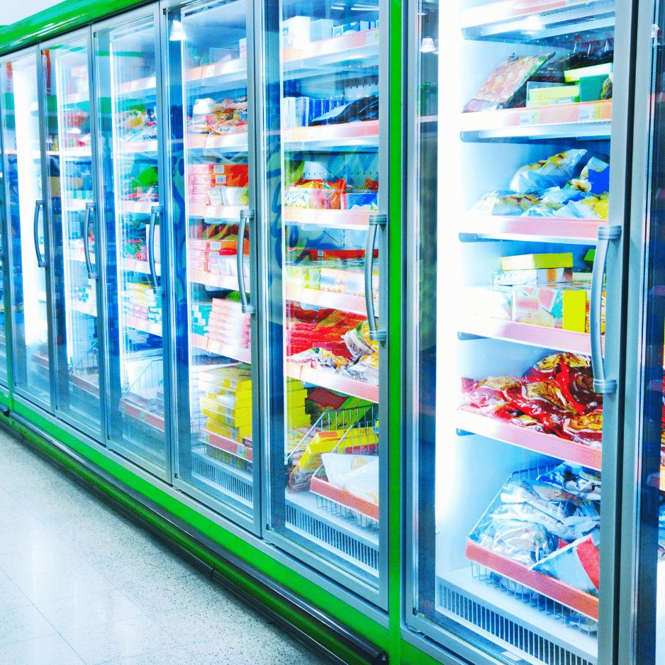 A brightly lit supermarket aisle on the Sunshine Coast features glass-door freezers filled with assorted frozen food items, including boxes, bags, and cartons. The floor is reflective, and the freezers have green frames and handles.