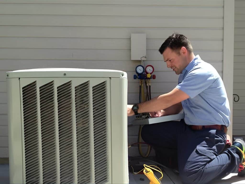 A technician kneels outside next to an air conditioning unit, using tools for maintenance or repair. Gauges and equipment are placed nearby against the wall.