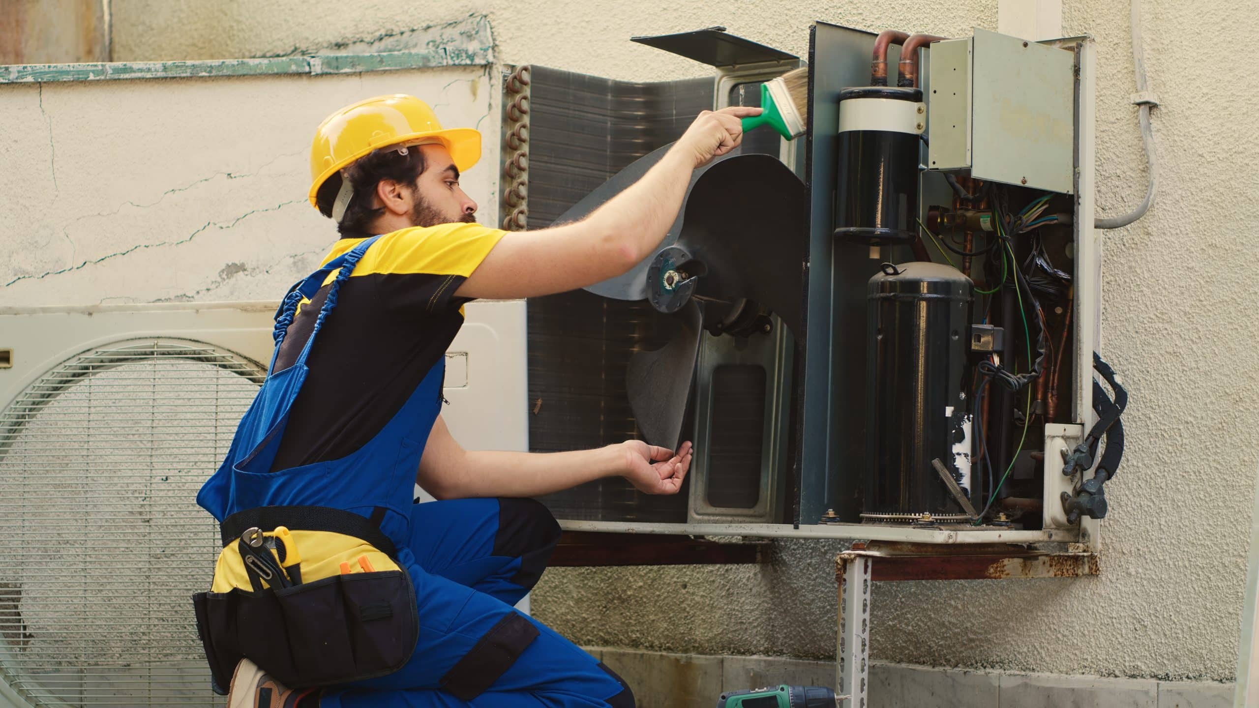 A technician in a yellow hard hat and blue overalls is servicing an outdoor air conditioning unit, using a brush to clean the fan and components. Tools and equipment are visible on his belt and on the ground nearby.